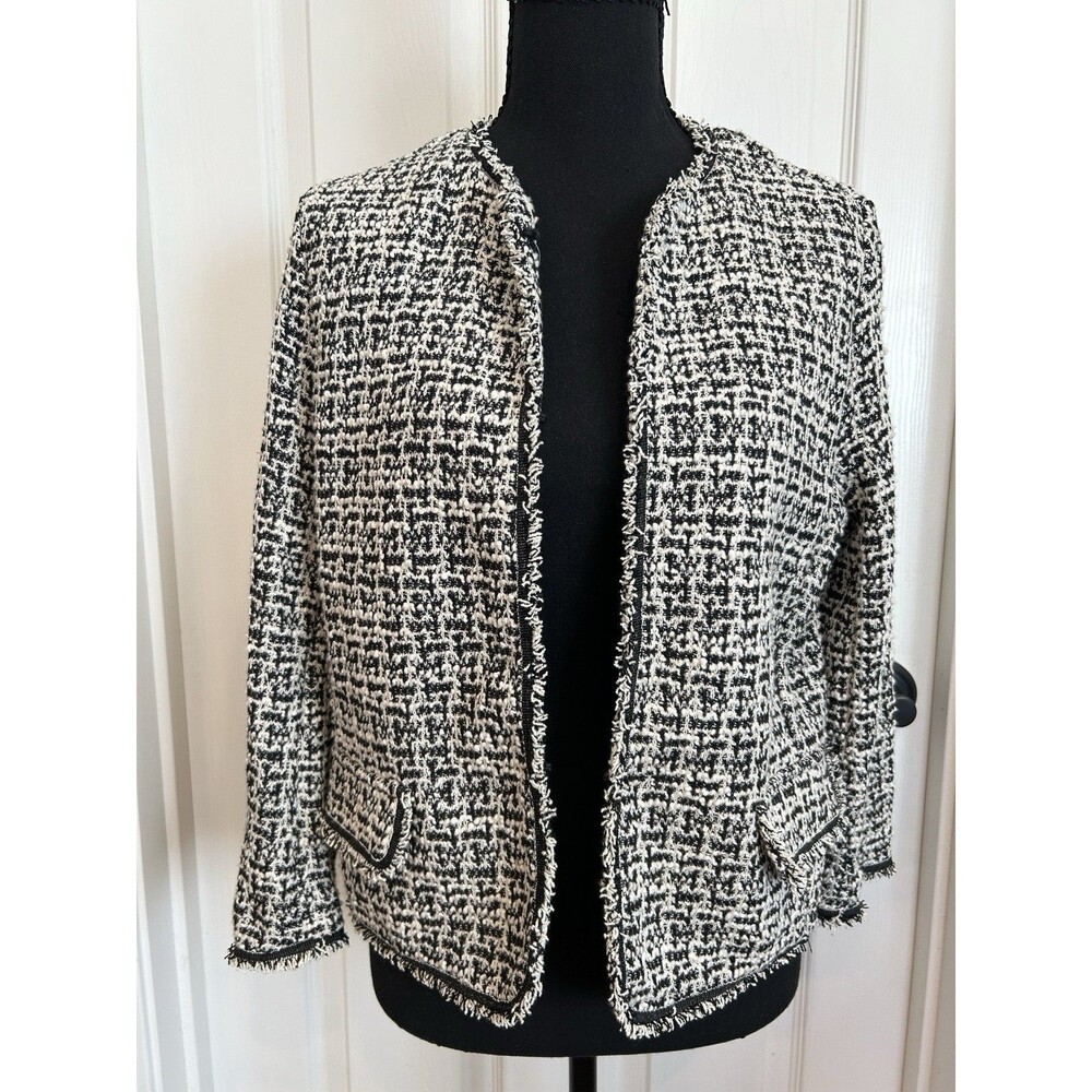 NWT MAX STUDIO Tweed Jacket Women S Black Cream Ivory Open Fringe Blazer